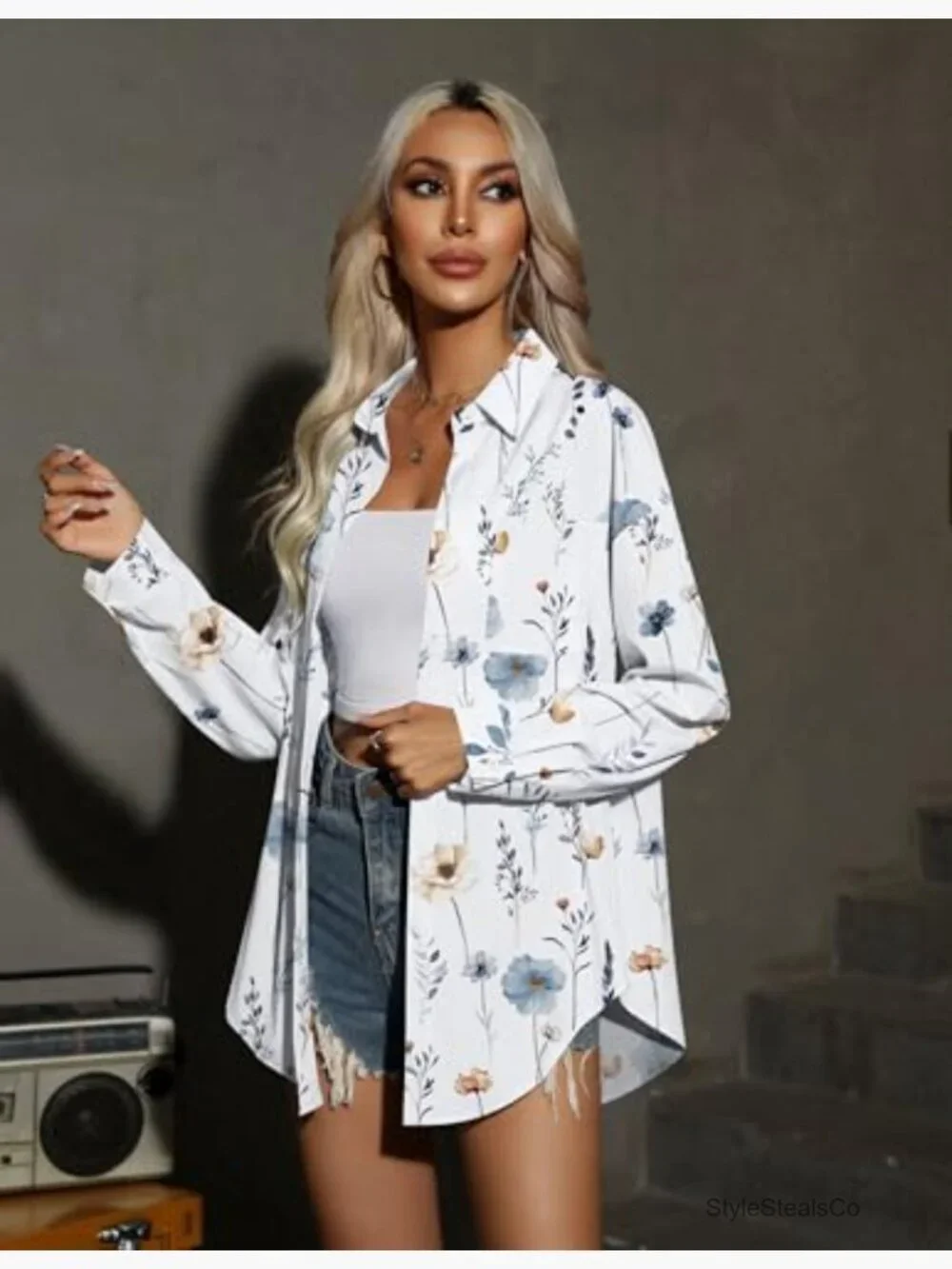 Oversized Drop Shoulder Button Down Shirt with Pockets Long Sleeve Blouse - Picture 3 of 7